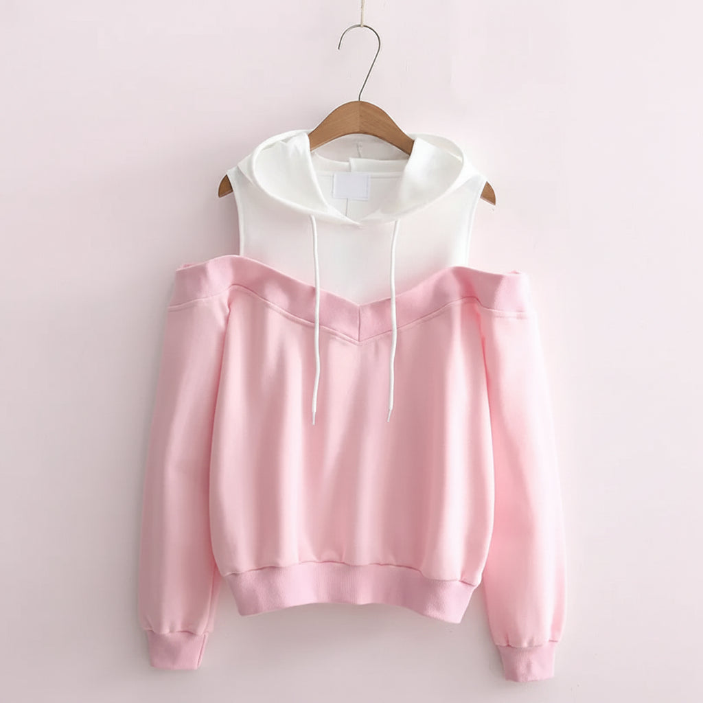 Pink and white strapless hooded sweatshirt for women with off-shoulder design and drawstring hood