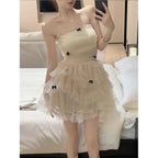 Sweet bowknot mini dress set with strapless layered tulle skirt and small black bows