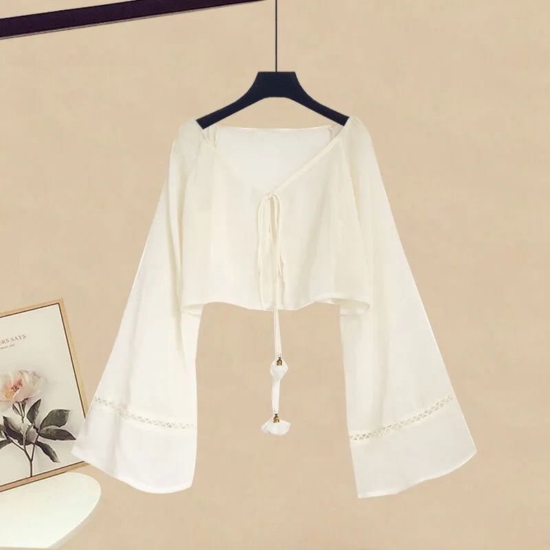 Ivory long sleeve top with wide sleeves and tie detail from sweet bowknot mini dress set by Vusy Kawai Shop