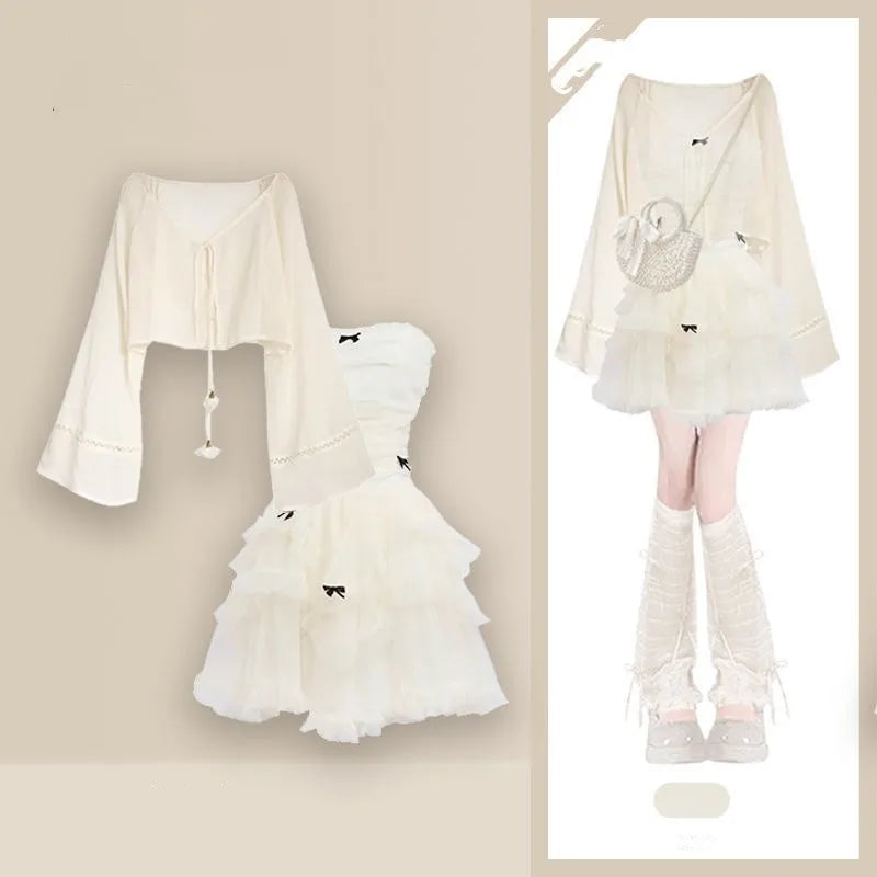 White sweet bowknot mini dress set with layered skirt and long bell sleeves from Vusy Kawai Shop