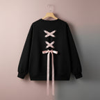 Black sweet ribbon hoodie japanese style with pink ribbon lace-up back design and long sleeves