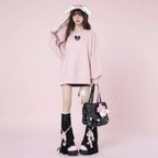 Sweet ribbon hoodie Japanese style oversized pink sweatshirt with balloon sleeves and heart design