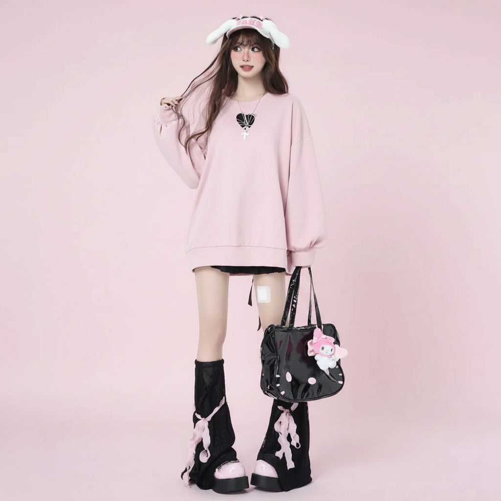 Sweet ribbon hoodie Japanese style oversized pink sweatshirt with balloon sleeves and heart design