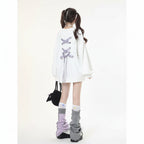 Sweet ribbon hoodie japanese style oversized white hoodie with purple ribbon lace-up back detail