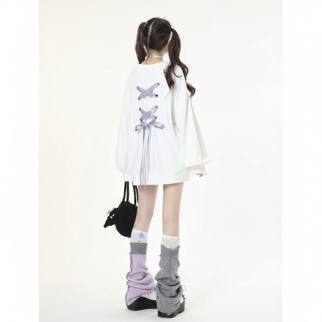 Sweet ribbon hoodie japanese style oversized white hoodie with purple ribbon lace-up back detail