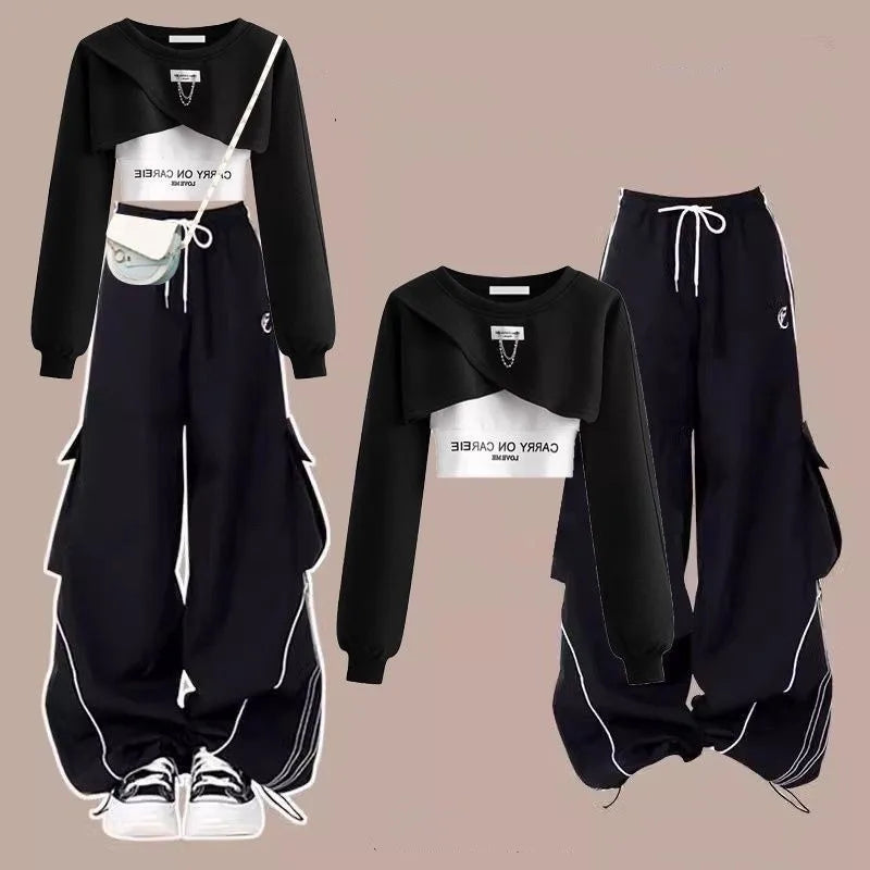 Black three piece streetwear set for women with cropped hoodie, wide-leg pants, and white crop top