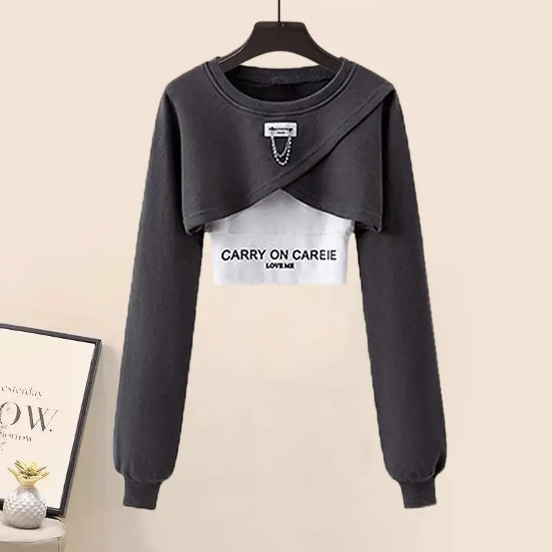 Vusy Kawai Shop black layered cropped sweatshirt from three piece streetwear set for women