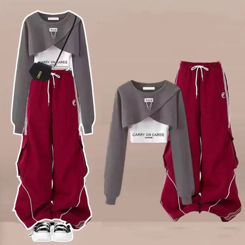 Three piece streetwear set for women with gray cropped sweatshirt and red wide cargo pants