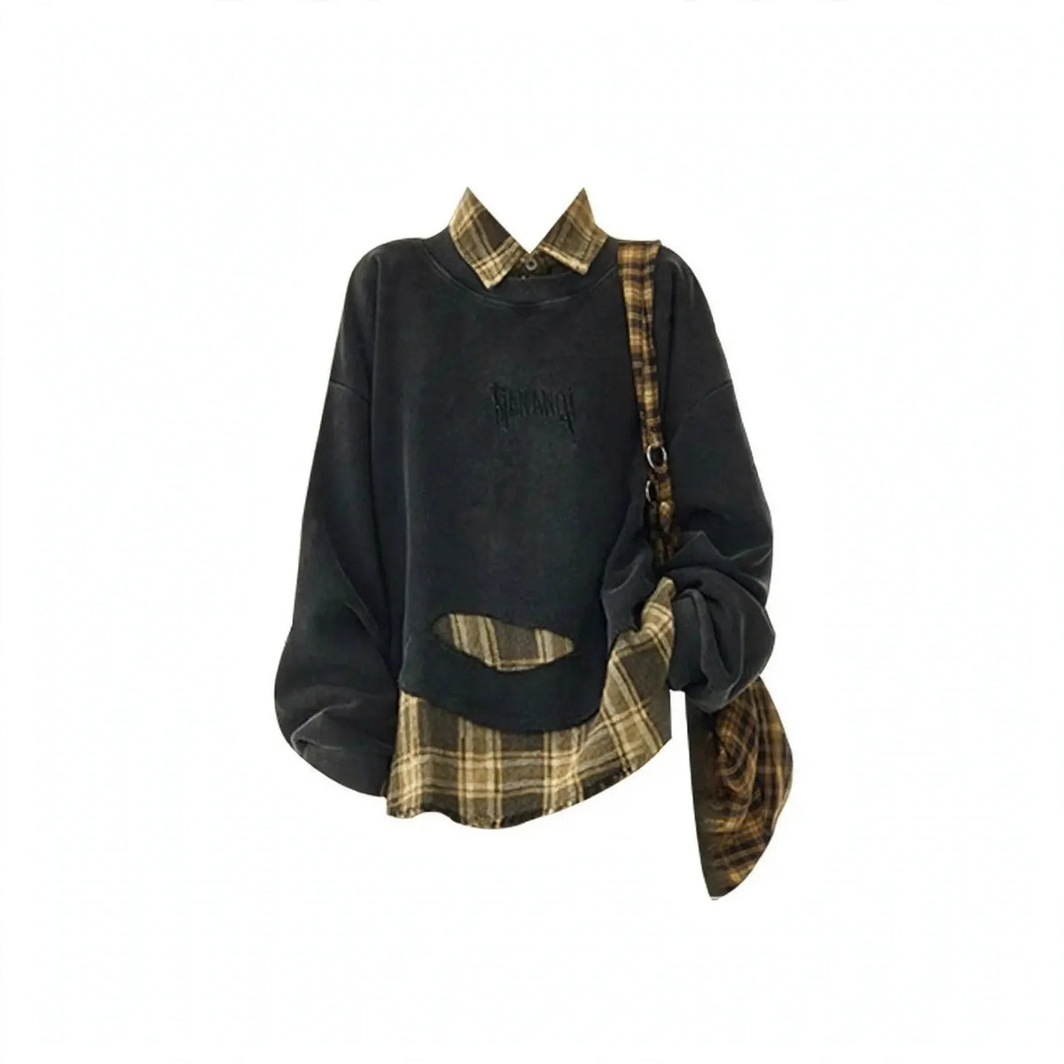Black distressed sweatshirt layered over yellow plaid flannel with brown cargo pants, product photo 5