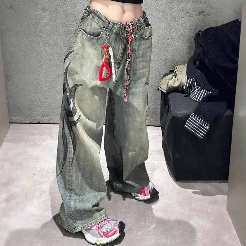 Cute Oversized Jeans with Trendy Tattoo Style Design