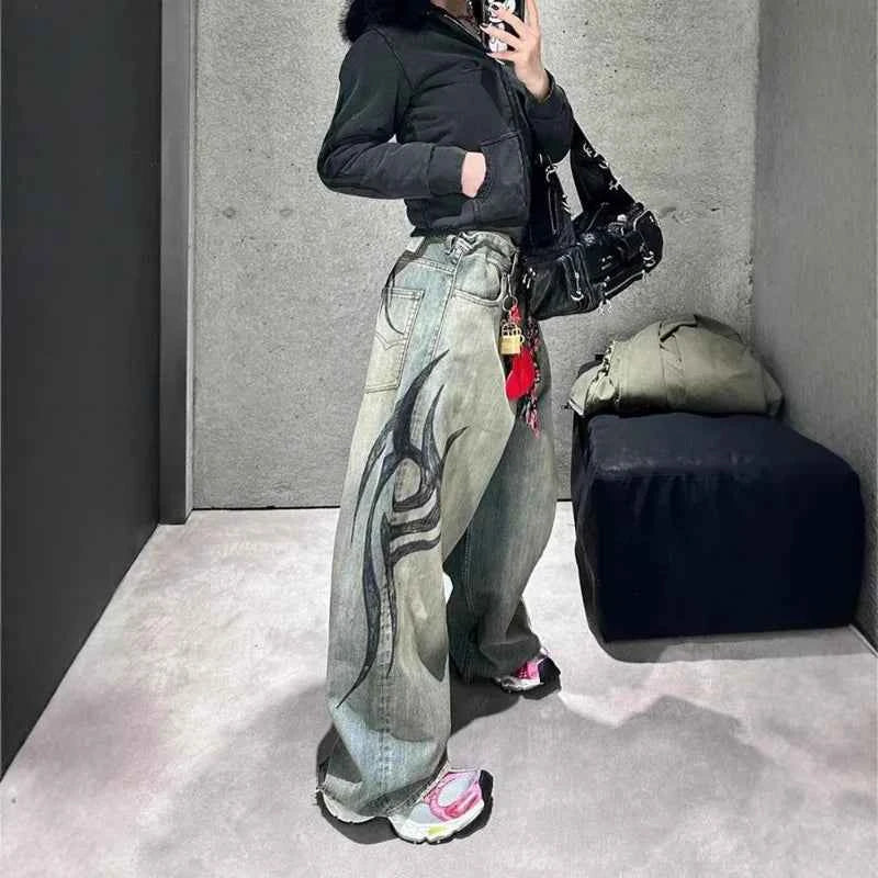 Cute Oversized Jeans with Trendy Tattoo Style Design