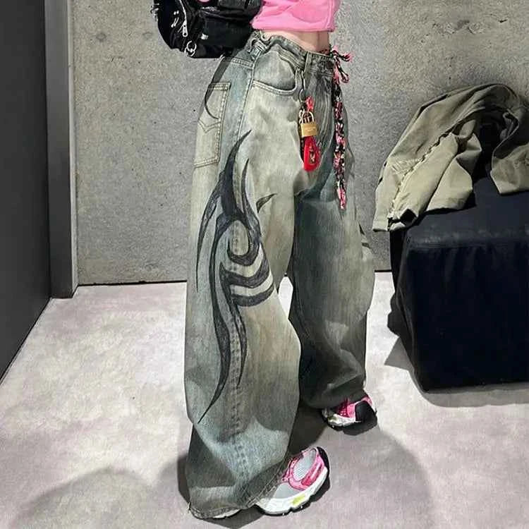 Cute Oversized Jeans with Trendy Tattoo Style Design