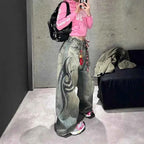 Cute Oversized Jeans with Trendy Tattoo Style Design