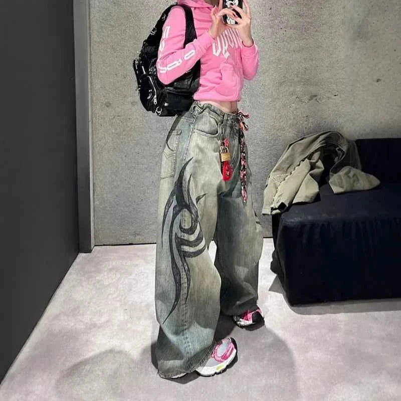 Cute Oversized Jeans with Trendy Tattoo Style Design