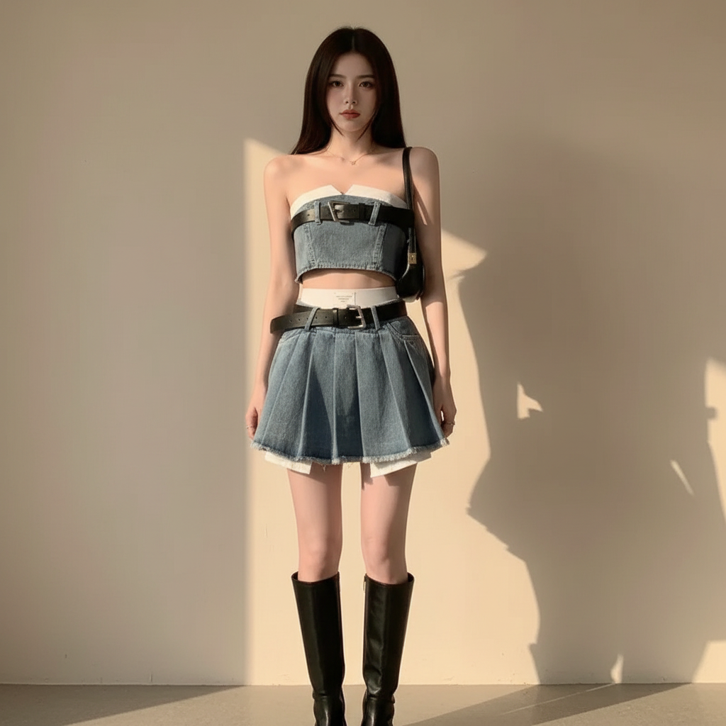 Y2K Denim Tube Top and Pleated Skirt Set pleats