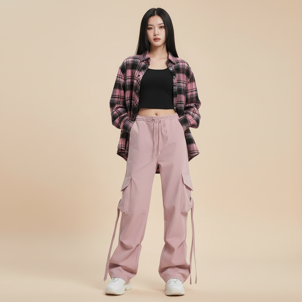Plaid Shirt Sling Vest and Cargo Pants 3-Piece Set cargo