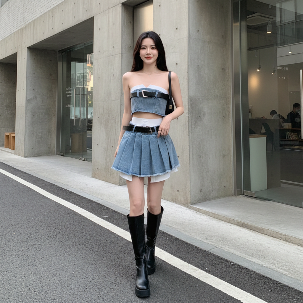 Y2K Denim Tube Top and Pleated Skirt Set side view