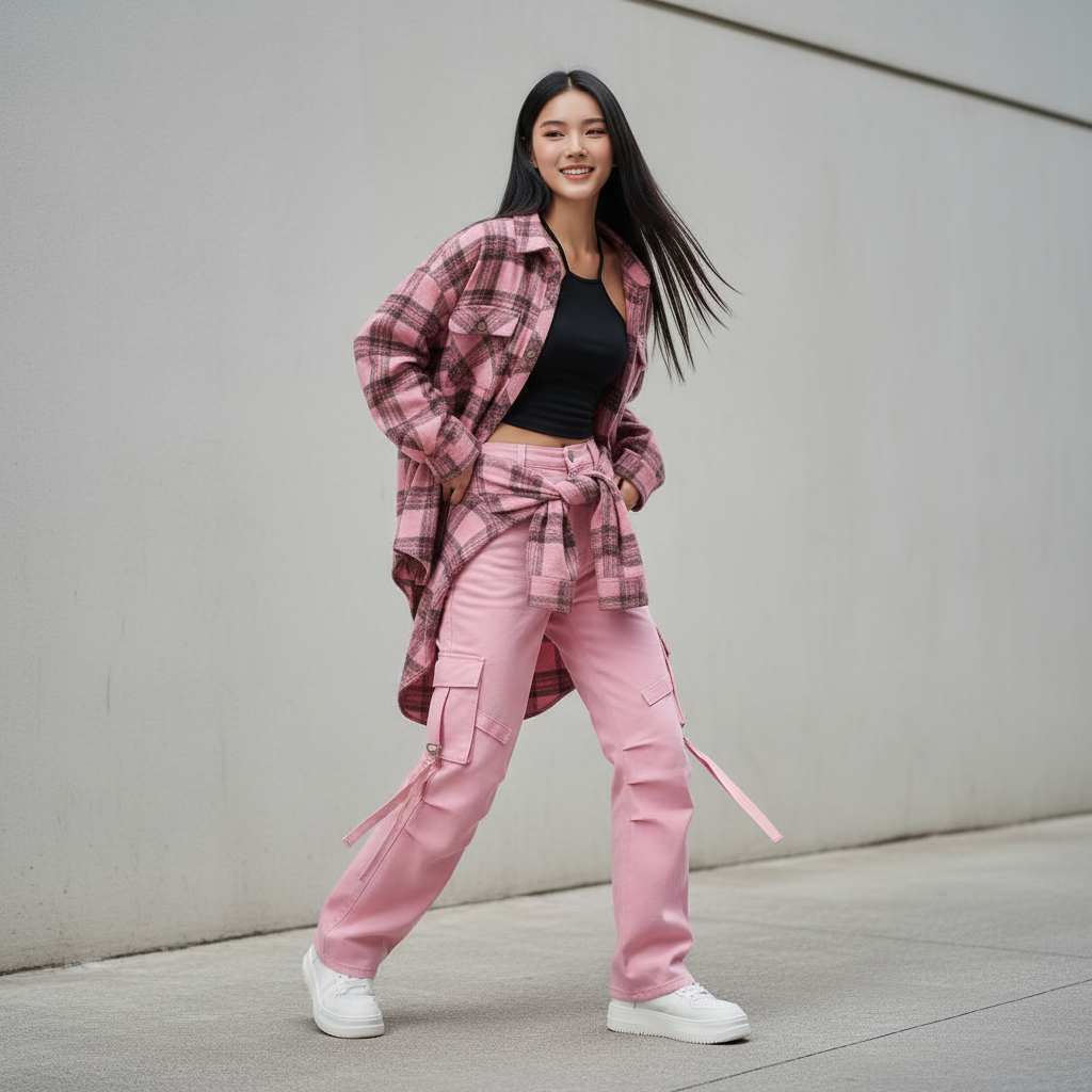 Plaid Shirt Sling Vest and Cargo Pants 3-Piece Set vest