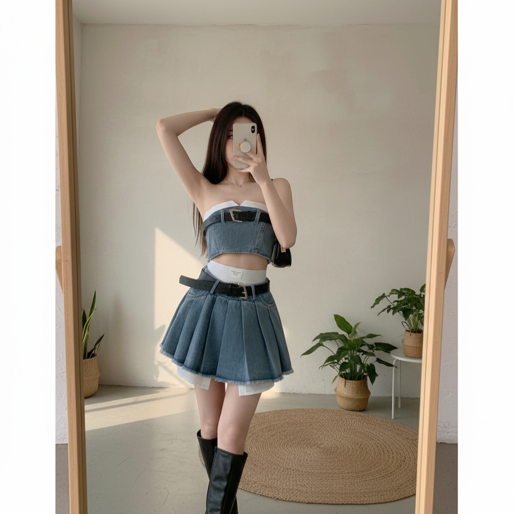 Y2K Denim Tube Top and Pleated Skirt Set front