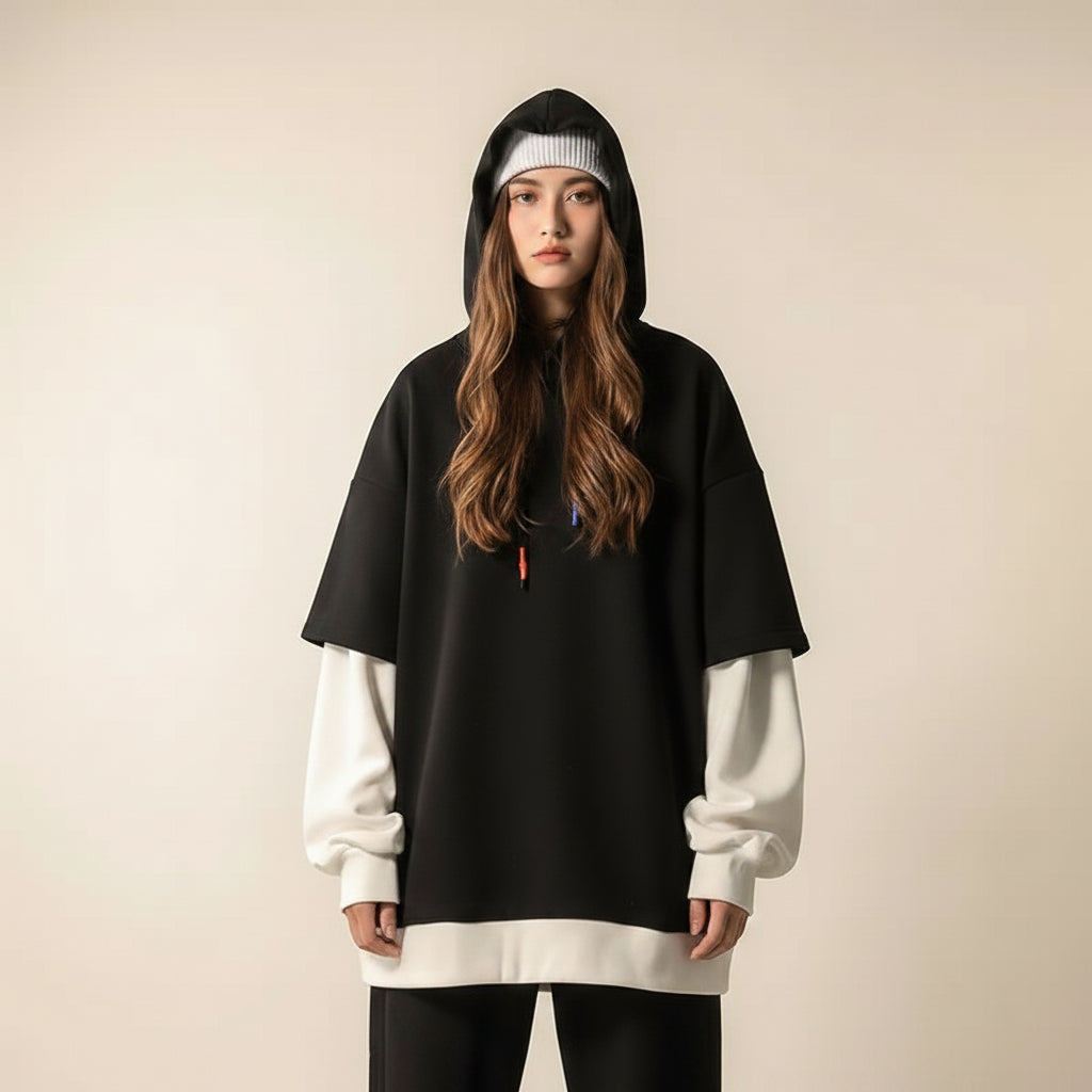 Autumn winter unisex casual pullover worn by person with hood, displayed alongside beige and navy pullovers on hangers