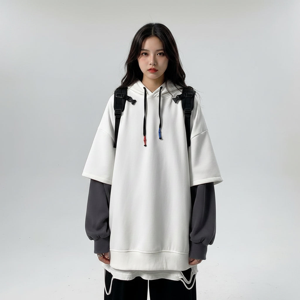 Autumn winter unisex casual pullover with oversized sleeves in white and gray tones