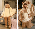 Japanese kawaii bear ear pajama outfit with hooded cape and plush brown and cream fabric
