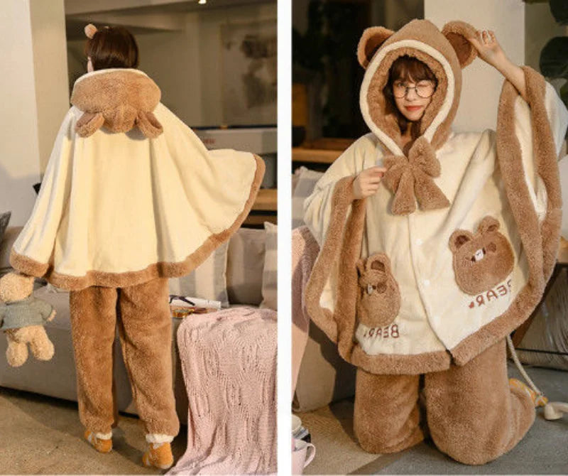 Japanese kawaii bear ear pajama outfit with hooded cape and plush brown and cream fabric