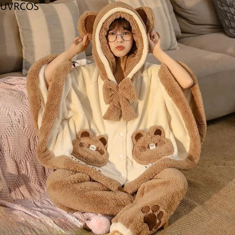 Cozy japanese kawaii bear ear pajama outfit with hood and bear paw prints in soft brown and cream colors