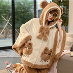 Cozy japanese kawaii bear ear pajama outfit in cream and brown with hood and bear face pockets