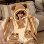 Cozy japanese kawaii bear ear pajama outfit with hood and cute bear face pockets in brown and cream colors