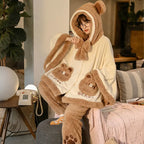 Cozy japanese kawaii bear ear pajama outfit with hood and bear face pockets worn indoors