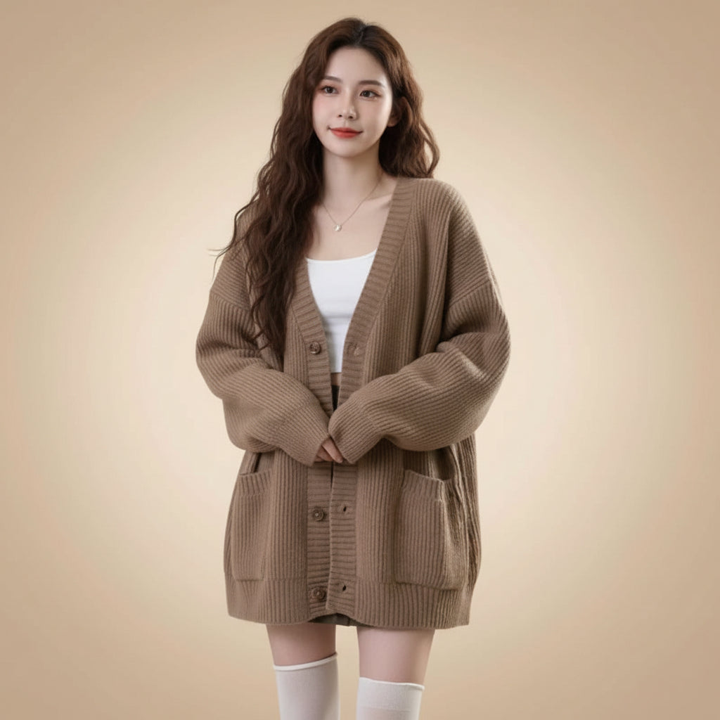 V-neck pullover sweater for women in beige, paired with a white top and skirt for a stylish look