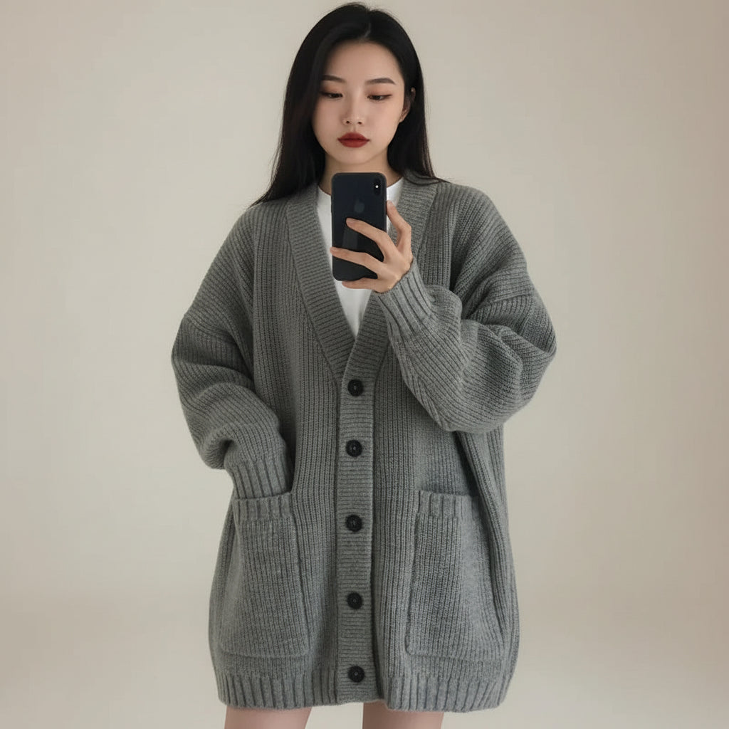 V-neck pullover sweater for women in soft gray with button front and side pockets