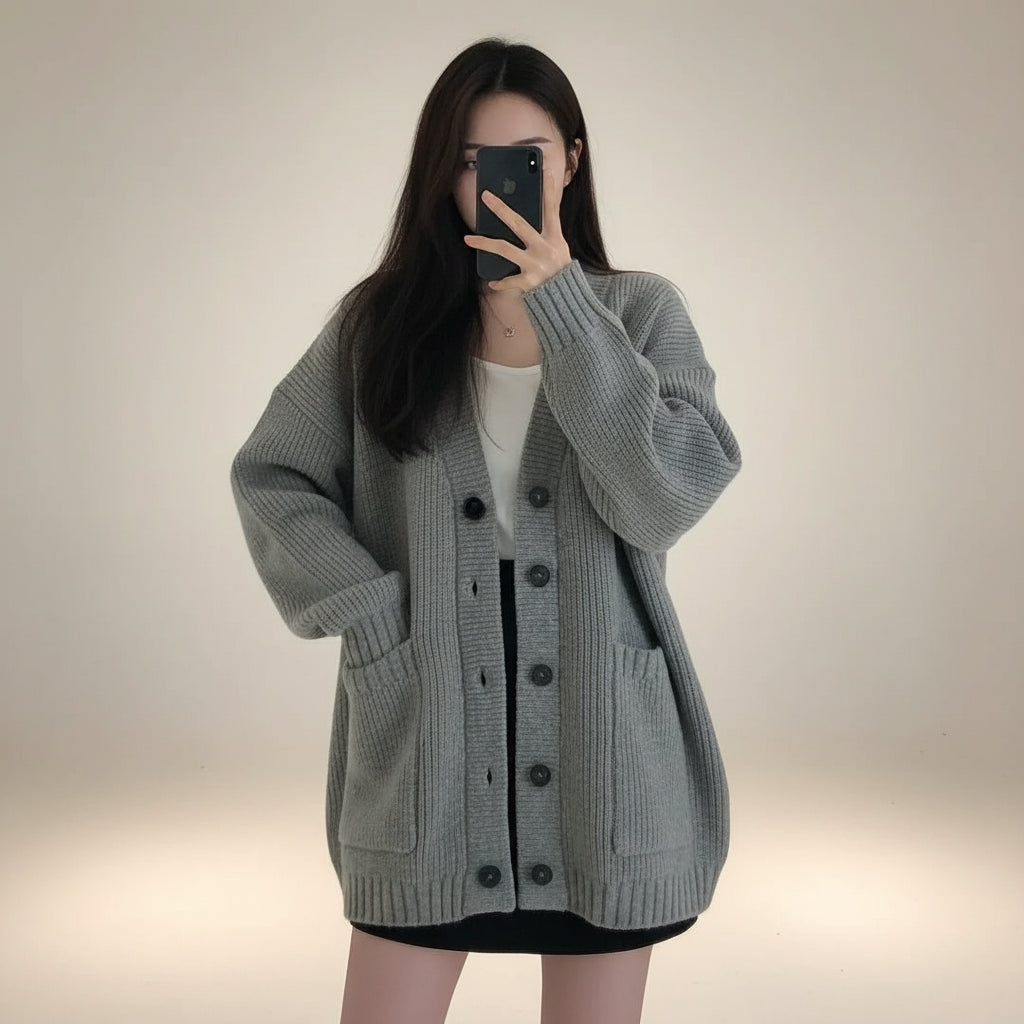 Cozy gray V-neck pullover sweater for women with oversized fit and front pockets