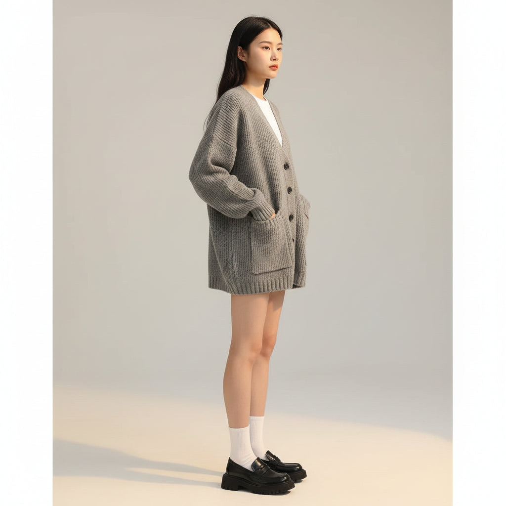 Casual gray V-neck pullover sweater for women with button details and a cozy fit