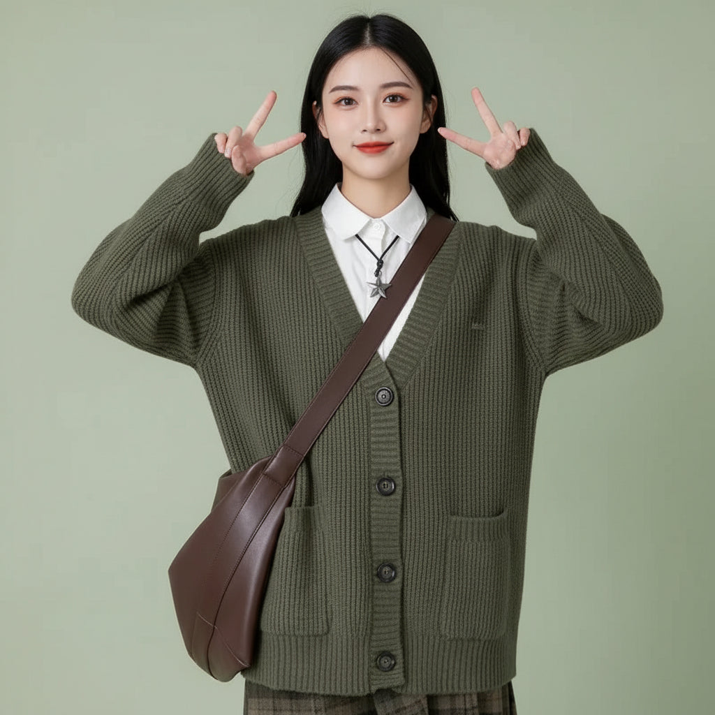 Cozy green V-neck pullover sweater for women with button-down and pockets for casual style