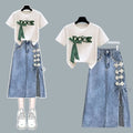 Bowknot T Shirt and Split Midi Skirt Outfit Summer Set