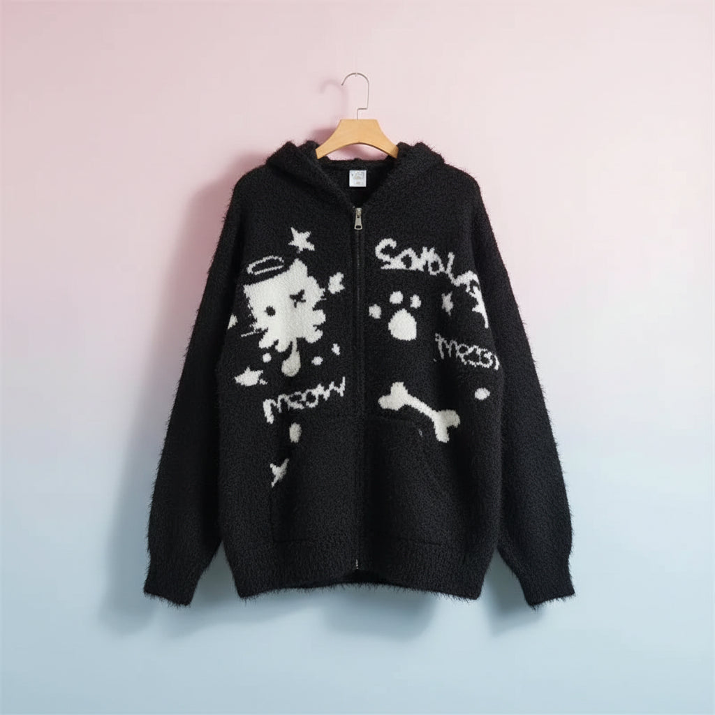 Black cartoon cat knitted sweater for women with white cat and star patterns and front pocket
