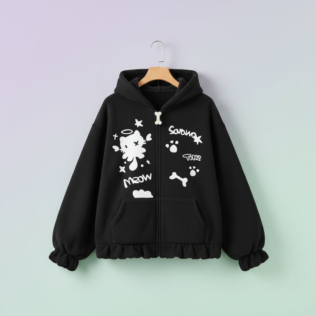 Black cartoon cat knitted sweater for women with hood and playful cat-themed designs