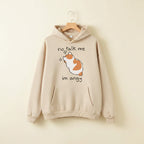 Beige casual kawaii hoodie for women with cat graphic and no talk me im angy text