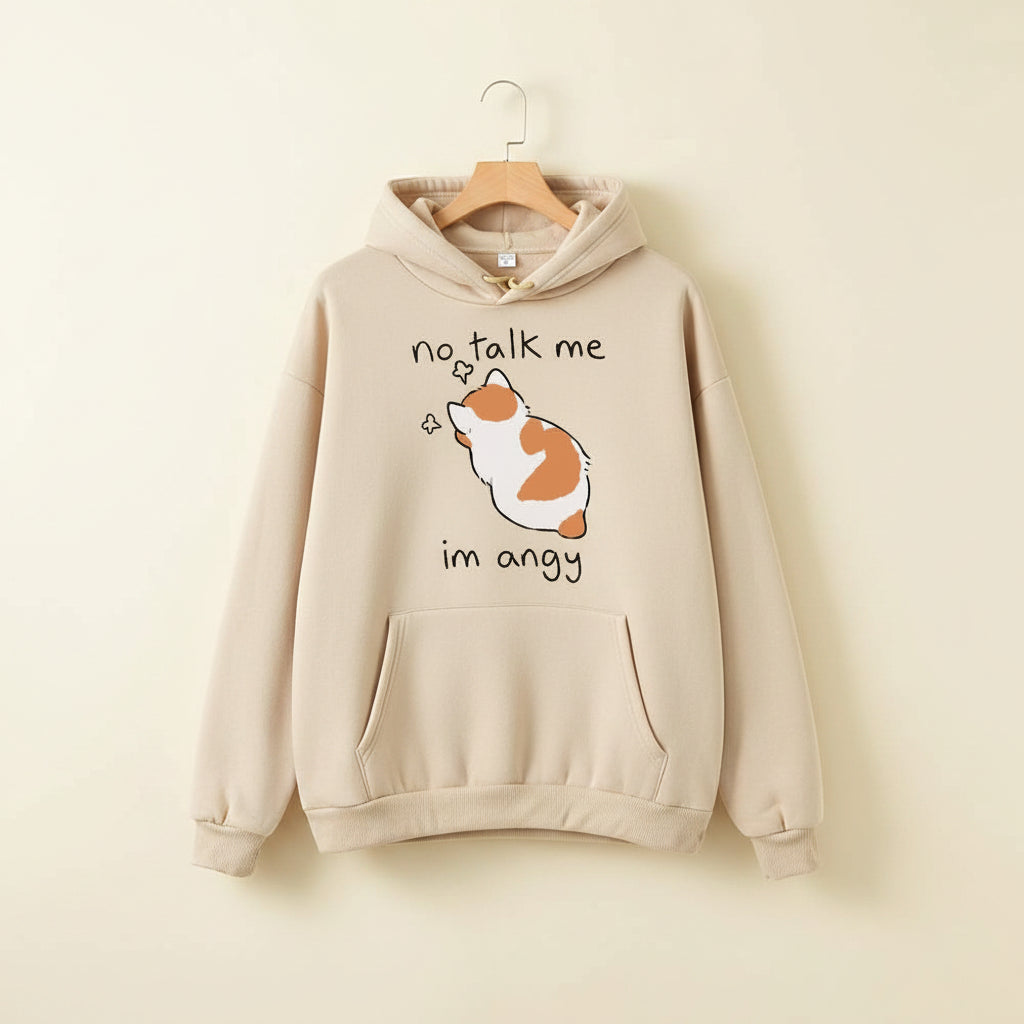 Beige casual kawaii hoodie for women with cat graphic and no talk me im angy text