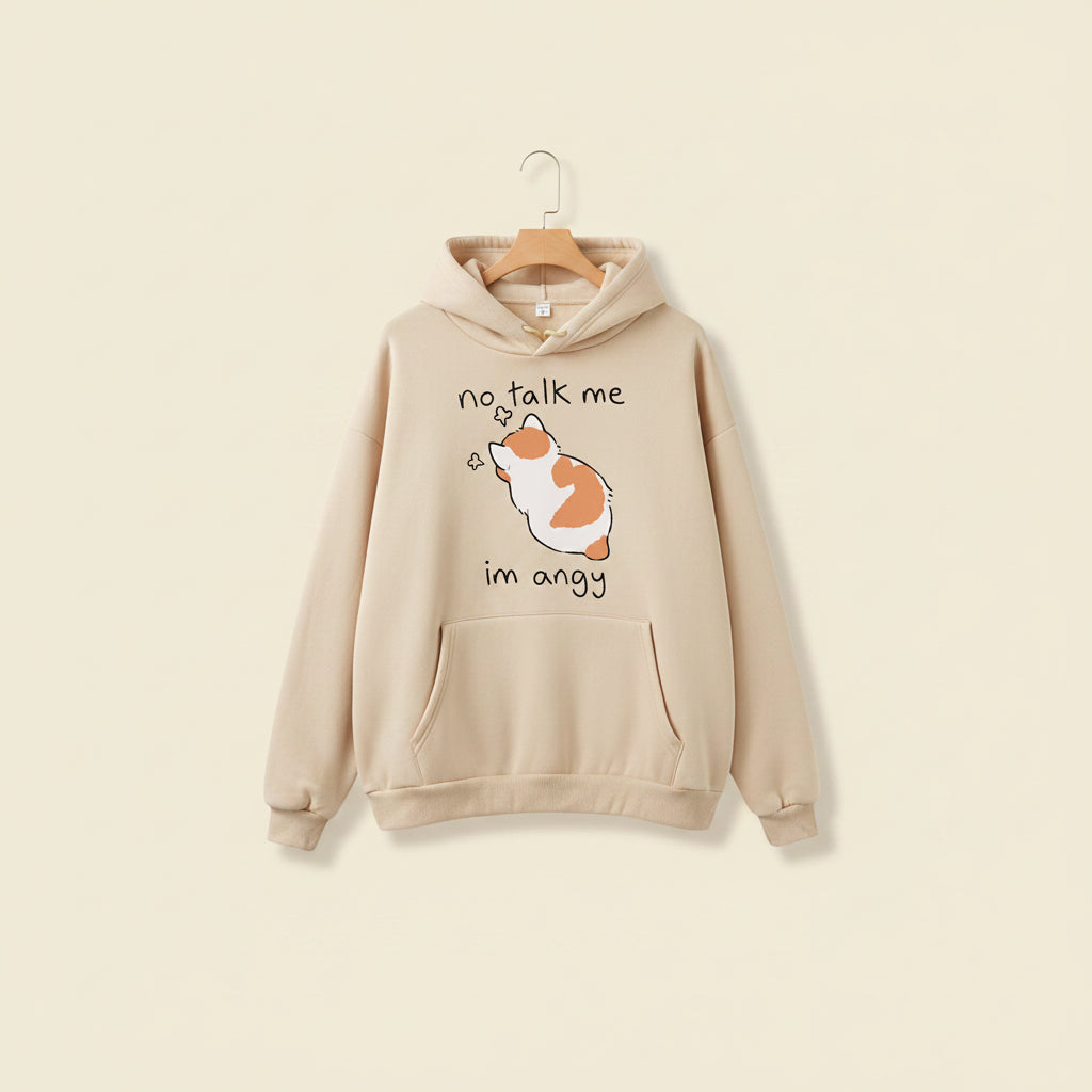 Beige casual kawaii hoodie for women with cute cat graphic and no talk me im angy text