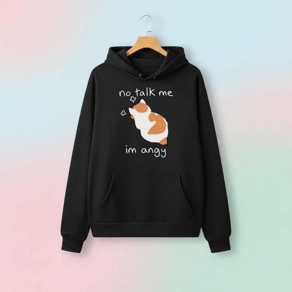 Black casual kawaii hoodie for women with a cute cat and no talk me im angy text