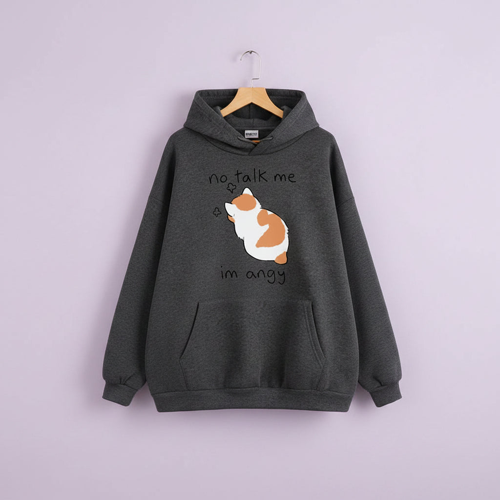 Dark gray casual kawaii hoodie for women with cute dog graphic and no talk me im angy text