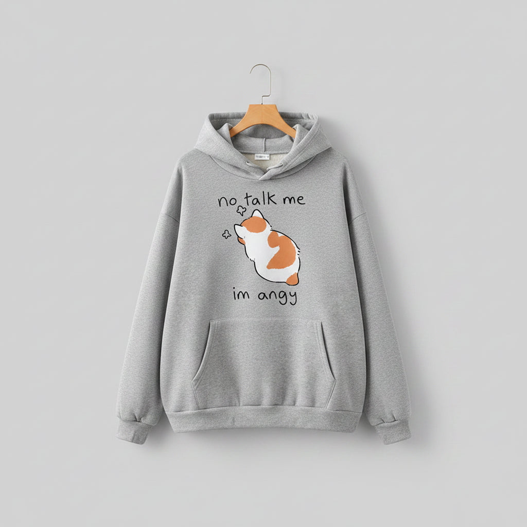 Gray casual kawaii hoodie for women with cartoon cat and no talk me im angy text