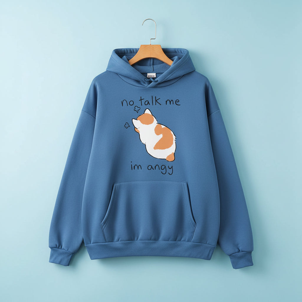 Blue casual kawaii hoodie for women with a cute cat and no talk me im angy text