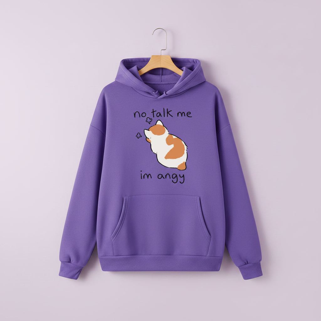 Purple casual kawaii hoodie for women with cute cat graphic and playful text design