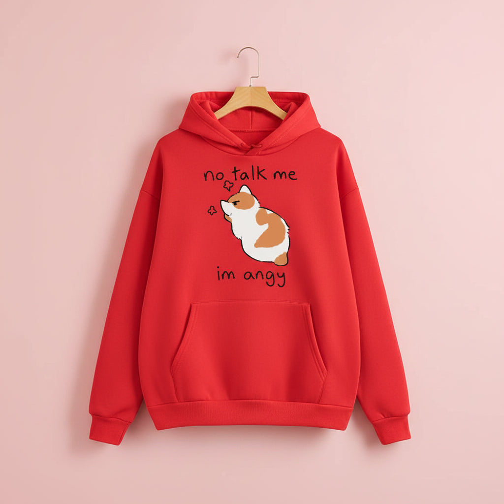 Red casual kawaii hoodie for women with cute cat and no talk me im angy print
