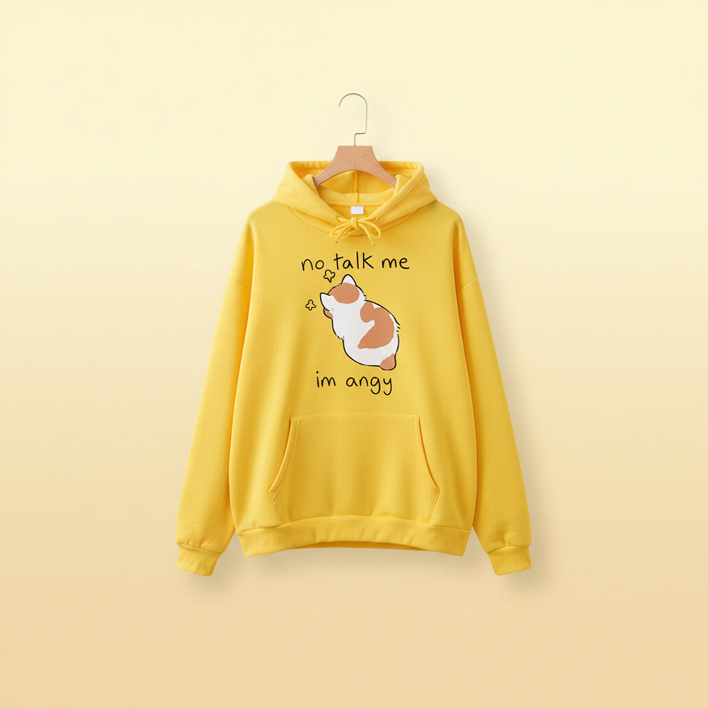 Yellow casual kawaii hoodie for women with a cute cat graphic and text no talk me im angy