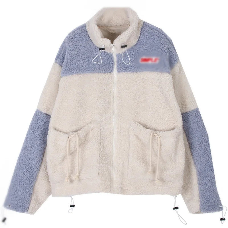 Vusy Kawai Shop cute autumn winter plush sweatshirt in cream and light blue with zipper and drawstring pockets